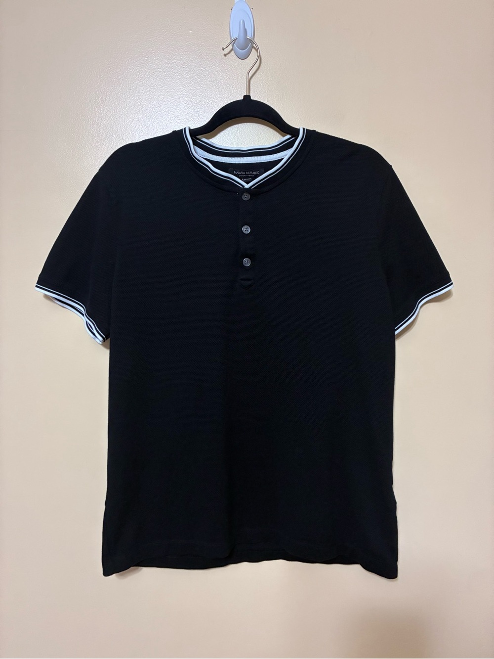 Banana Republic Tipped Pique Band Collar Henley Shirt Men L Black